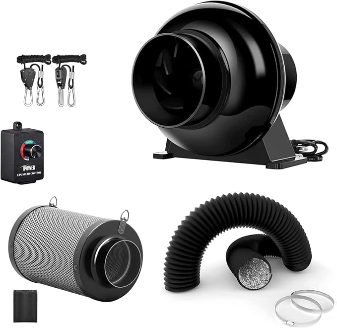 iPower 4 Inch 195 CFM Inline Fan, Air Carbon Filter, 8 Feet PVC Ducting