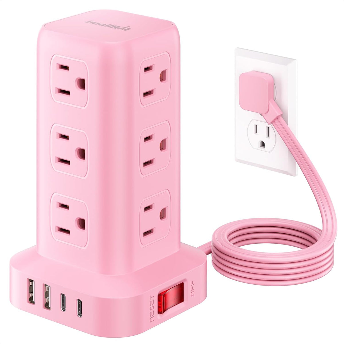 Extension Cord with Multiple Outlets, SMALLRT Power Strip Tower, Outlet Extender with 12 AC Outlets 4 USB, 6.5FT Extension Cord for Home Dorm Room, Office Supplies, Pink