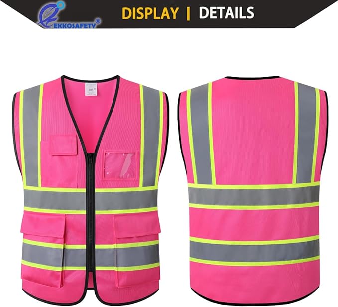 Reflective Safety Vest for Men Women,5 Pockets High Visibility Construction Work Vest with Zipper Front,Meets ANSI/ISEA Standards(EK175-Pink-M)