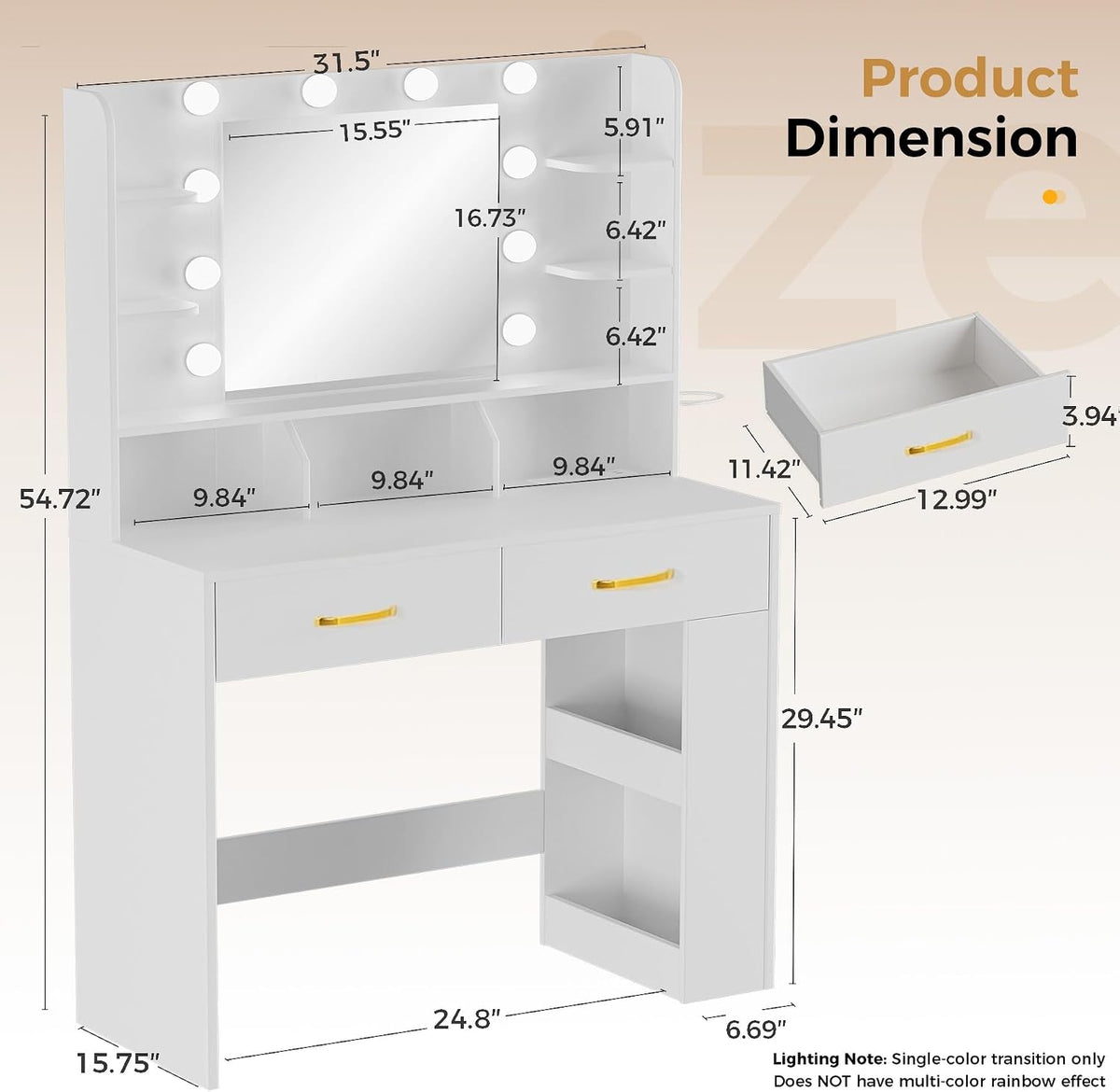 LUCKRACER Vanity Desk with LED Lights Mirror & Charging Station, Makeup Vanity with Storage Drawers and Shelves, Modern Dressing Table for Women Girls Bedroom, Ivory White