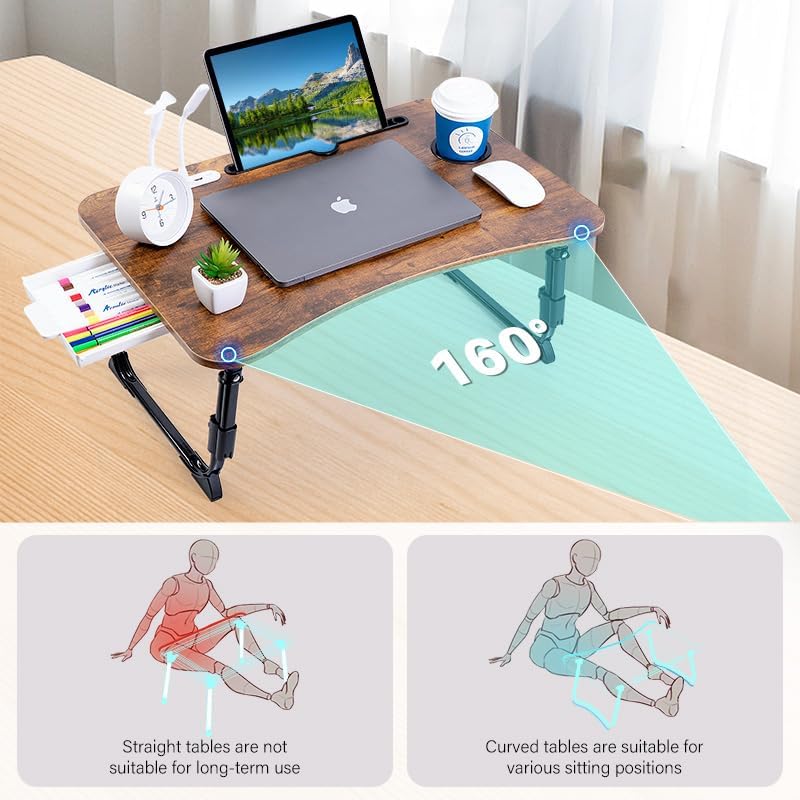 BYMECOST Laptop Desk for Bed, Height Adjustable Laptop Bed Table, Foldable Portable Lap Desk Stand with USB/Storage Drawer/Cup Holder/Slot, Breakfast Tray for Working Reading Writing Eating