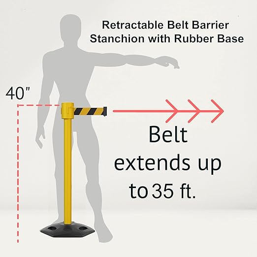 Montour Line MSR760 Set of 2 Retractable Belt Barrier Stanchion, Rubber Base, Yellow Post (35 ft Dark Blue Belt)