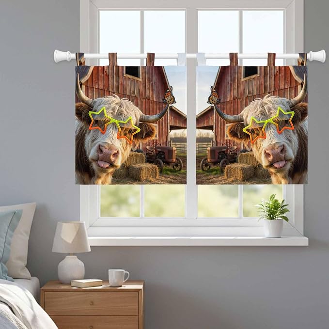 Farm Yaks Kitchen Curtains 24 Inch Length, Small Window Curtains Tab Top