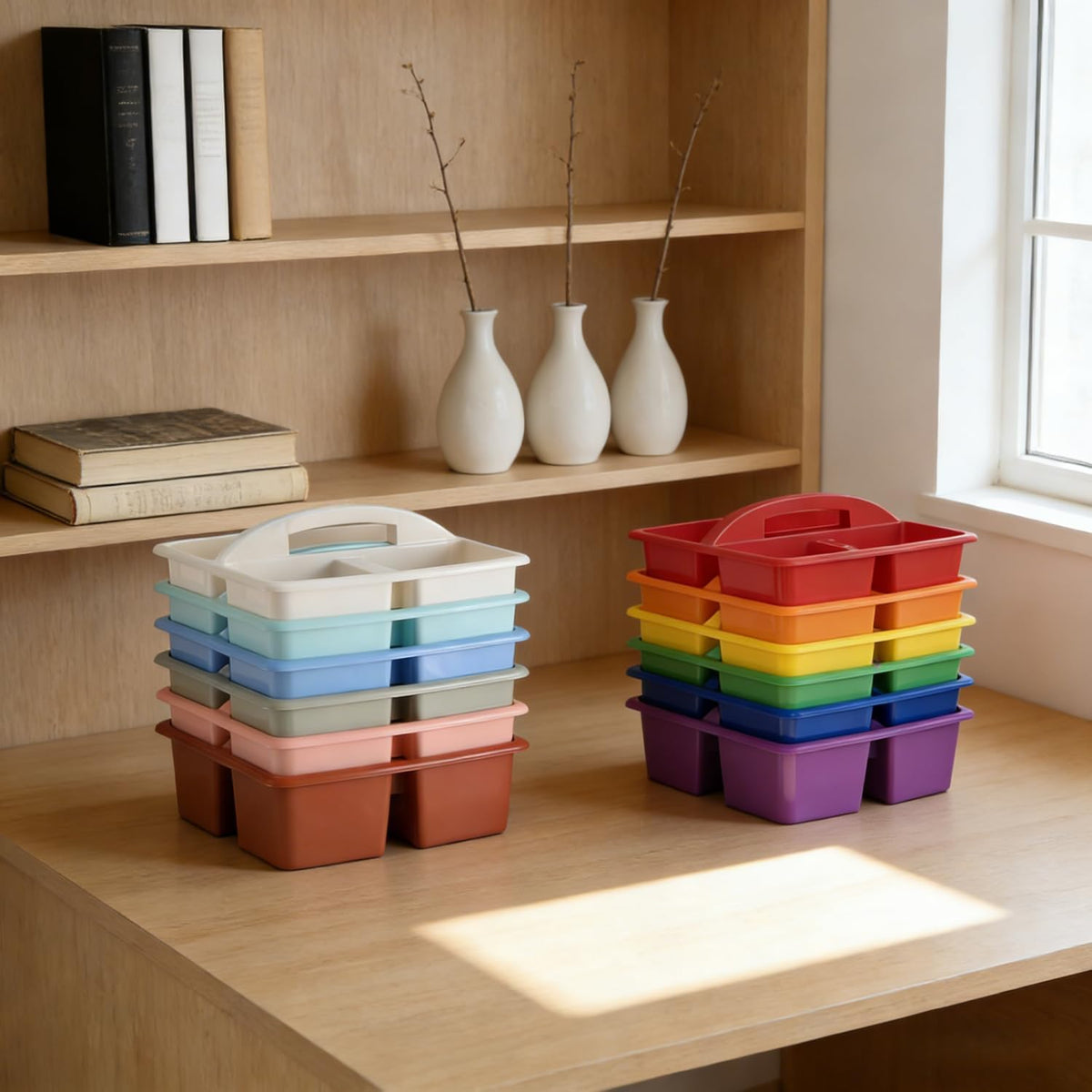 Set of 6 Classroom Caddy, Small Plastic Storage Caddy with Handle, Boho