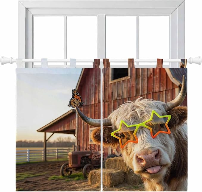 Farm Yaks Kitchen Curtains 45 Inch Length, Short Cafe Window Curtains Tab Top