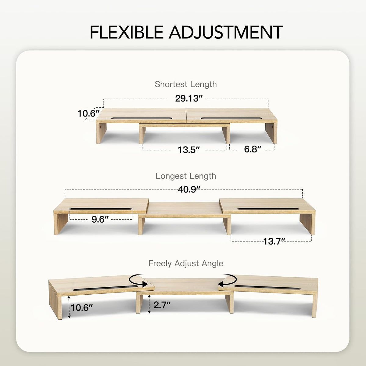 AMERIERGO Dual Monitor Stand Riser- 3 Shelf Screen Stand with Adjustable Length and Angle, 2 Extra Functional Slot Desktop Organizer Stand for PC, Computer, Laptop (Light Wood)