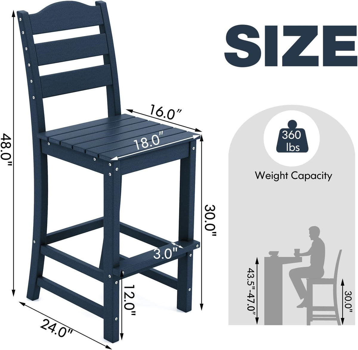 GIANTEX Outdoor HDPE Bar Stool, Patio Tall Bar Chair with Backrest and Footrest, 30 Inches Counter Height Barstools for Garden, Backyard, Weather Resistance, Easy Maintenance (2, Navy)