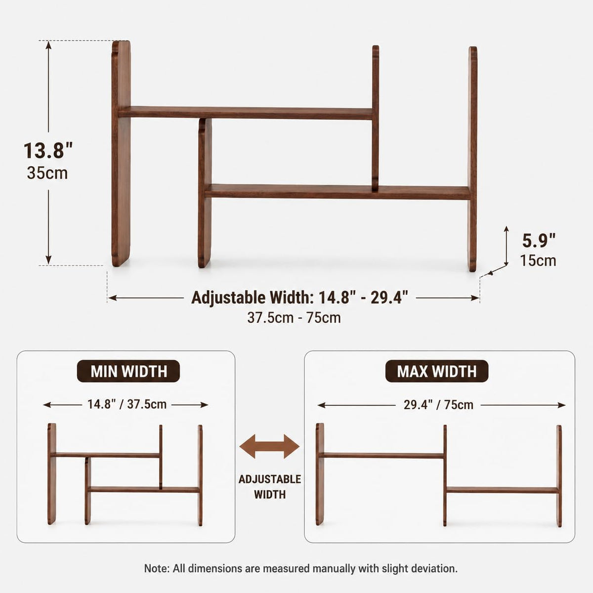 Walnut Display Organizer Expandable Desktop or Countertop Shelf with Drawer