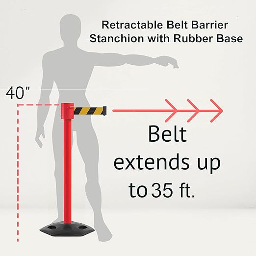 Montour Line MSR760 Set of 2 Retractable Belt Barrier Stanchion, Rubber Base, Red Post (35 ft Orange Belt)