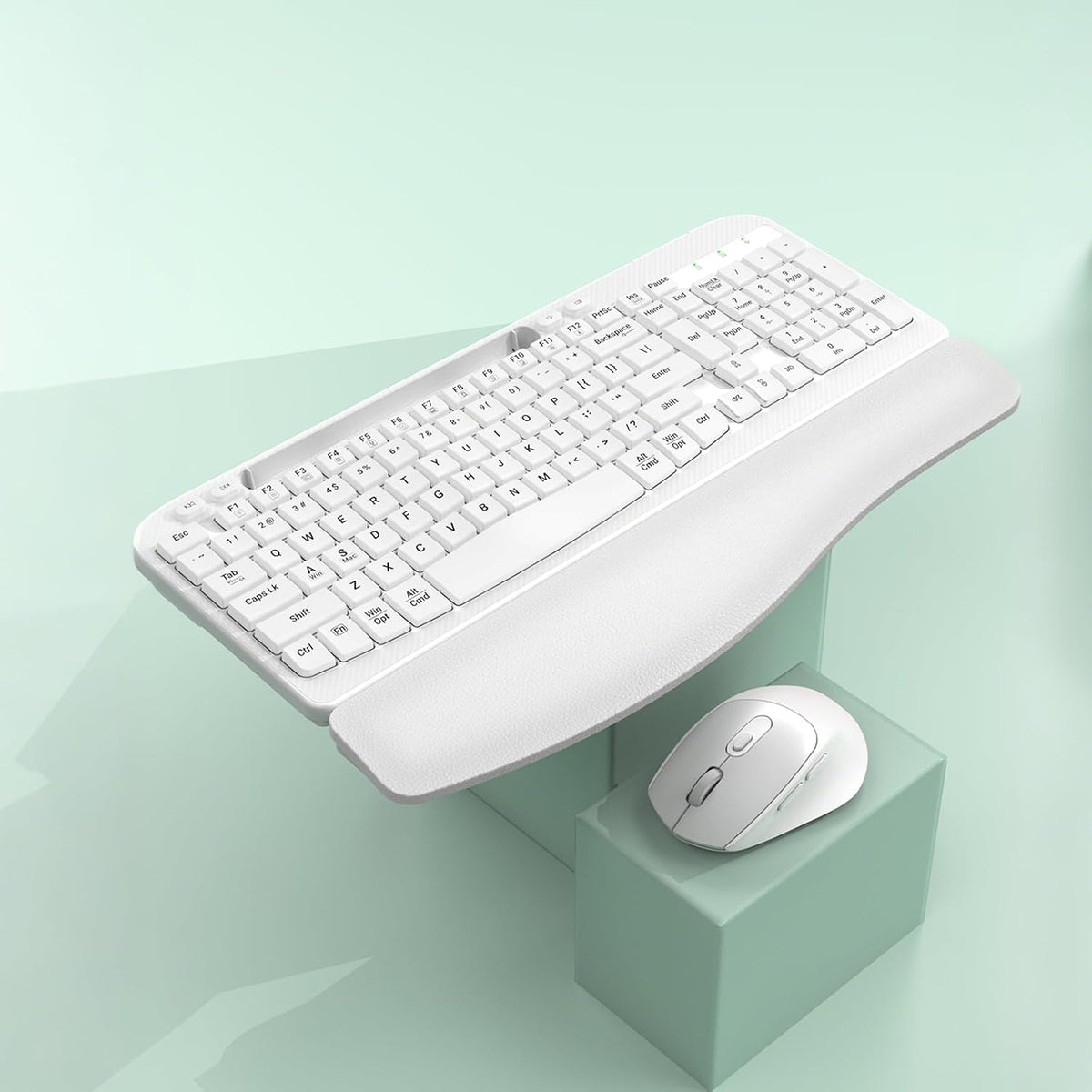 Wireless Keyboard and Mouse Combo, Full-Sized Ergonomic Wave Keys Keyboard with Memory Foam Wrist Rest & Phone Holder, 2.4G Quiet Keyboard Mouse Work Setup for PC Laptop, Office or Home (White)