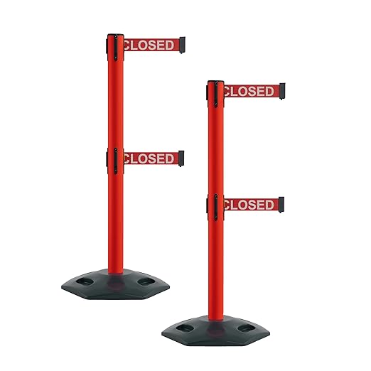Montour Line MSR630D Set of 2 Retractable Belt Barrier Stanchion, Heavy-Duty Rubber Base, Red Post (11 ft Red with"This LINE is Closed" White Letters Dual Belt)