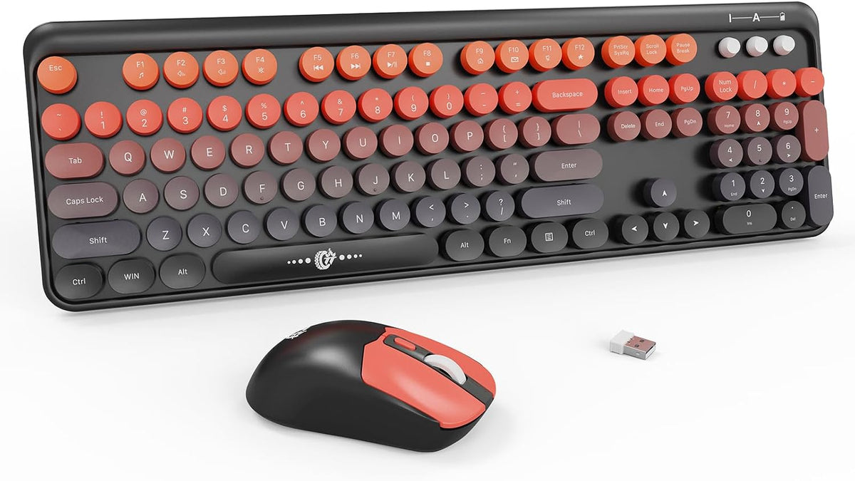 Wireless Keyboard and Mouse Combo,Retro Typewriter Style Round Keys,Orange