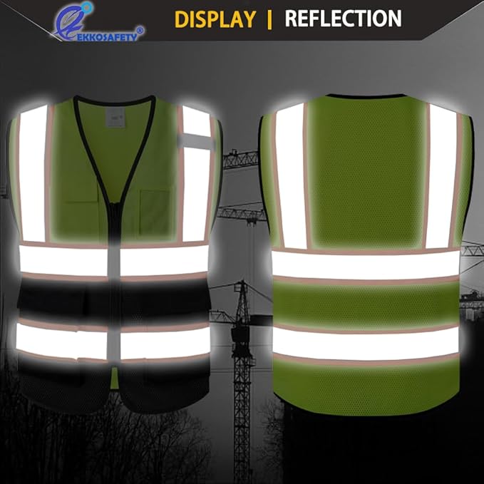 Reflective Mesh Safety Vest for Men Women with 5 Pockets and Zipper Front High Visibility Mesh Vest Hi Vis Construction Work Vest,Meets ANSI/ISEA Standards(EK175-Yellowblack-L)
