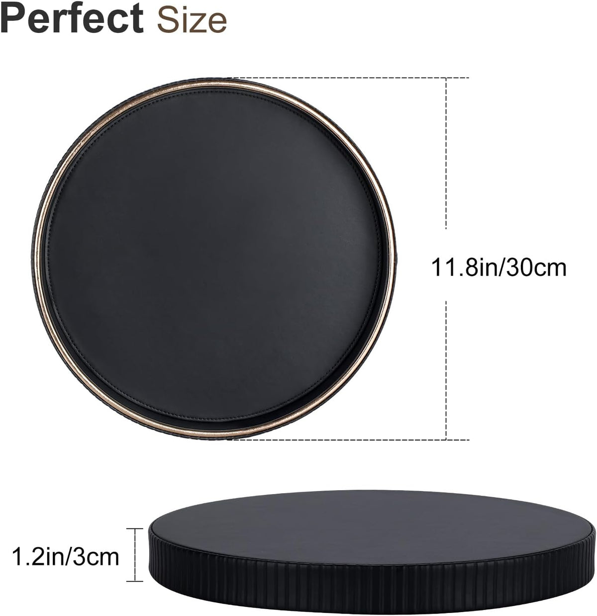 KINGFOM Round Decorative Tray for Coffee Table, PU Leather Valet Nightstand Desk Organizer for Men Women, Golden Trim Tray for Home Decor Living Room Dining Table, Perfume Trays Organizer Black