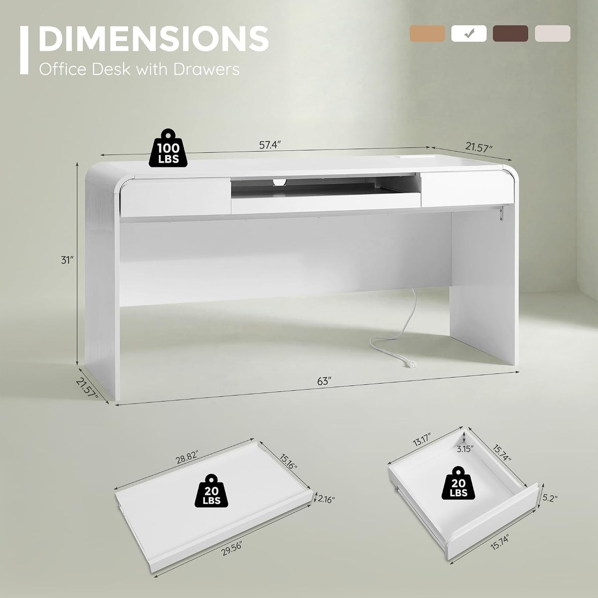 63" Modern Computer Desk with 2 Drawers, Wood Curved (White)