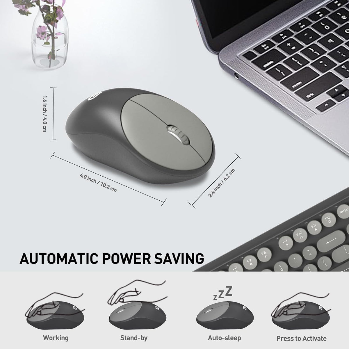 Wireless Keyboard and Mouse Combo,Retro Typewriter Bubble Keys,Black Grey