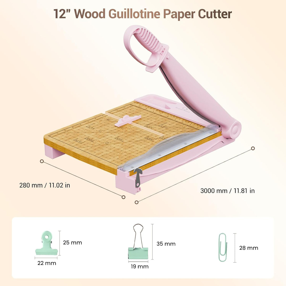 12 Inch Heavy Duty Paper Cutter, Wood Guillotine Paper Cutter & Paper Trimmer, 25-30 Sheets Capacity Paper Cutting Board for Classroom, Crafting, Cardstock Pink