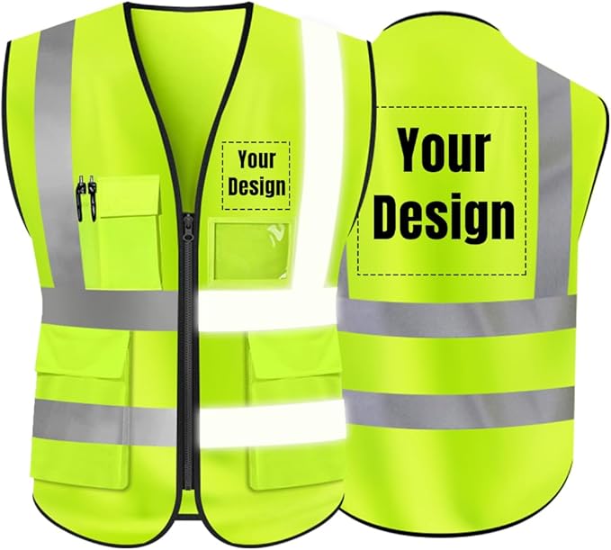 YOWESHOP High Visibility Safety Vest Custom Your Logo Protective Workwear 5 Pockets With Reflective Strips Outdoor Work Vest (Neon Yellow (2XL))