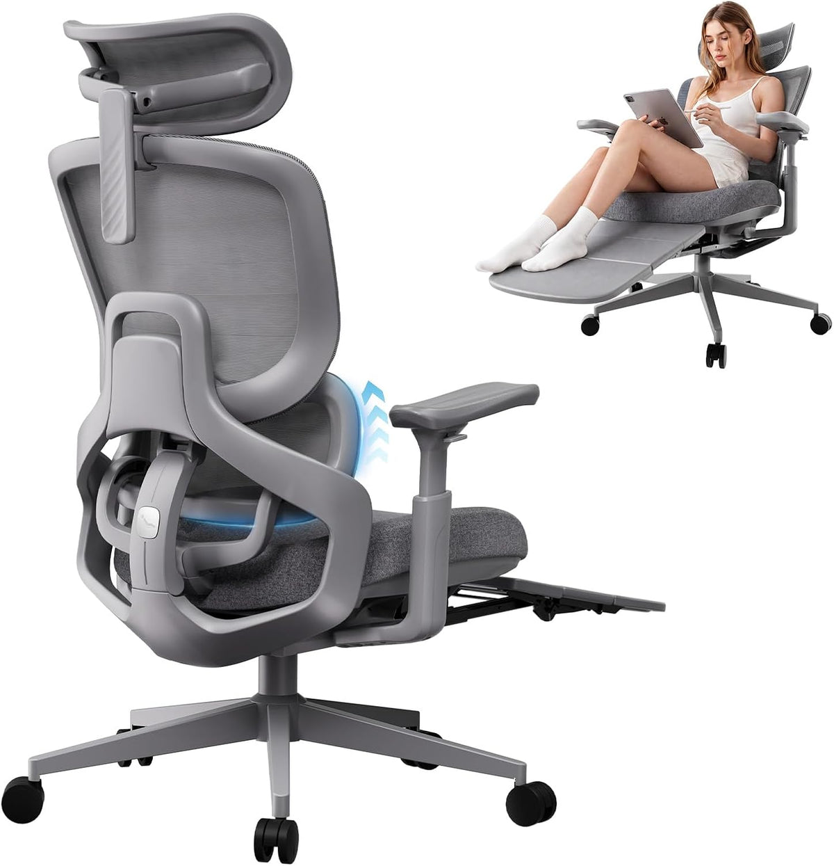 FLOW360 Ergonomic Mesh Office Chair with Footrest, Big&Tall Chair Gray FM