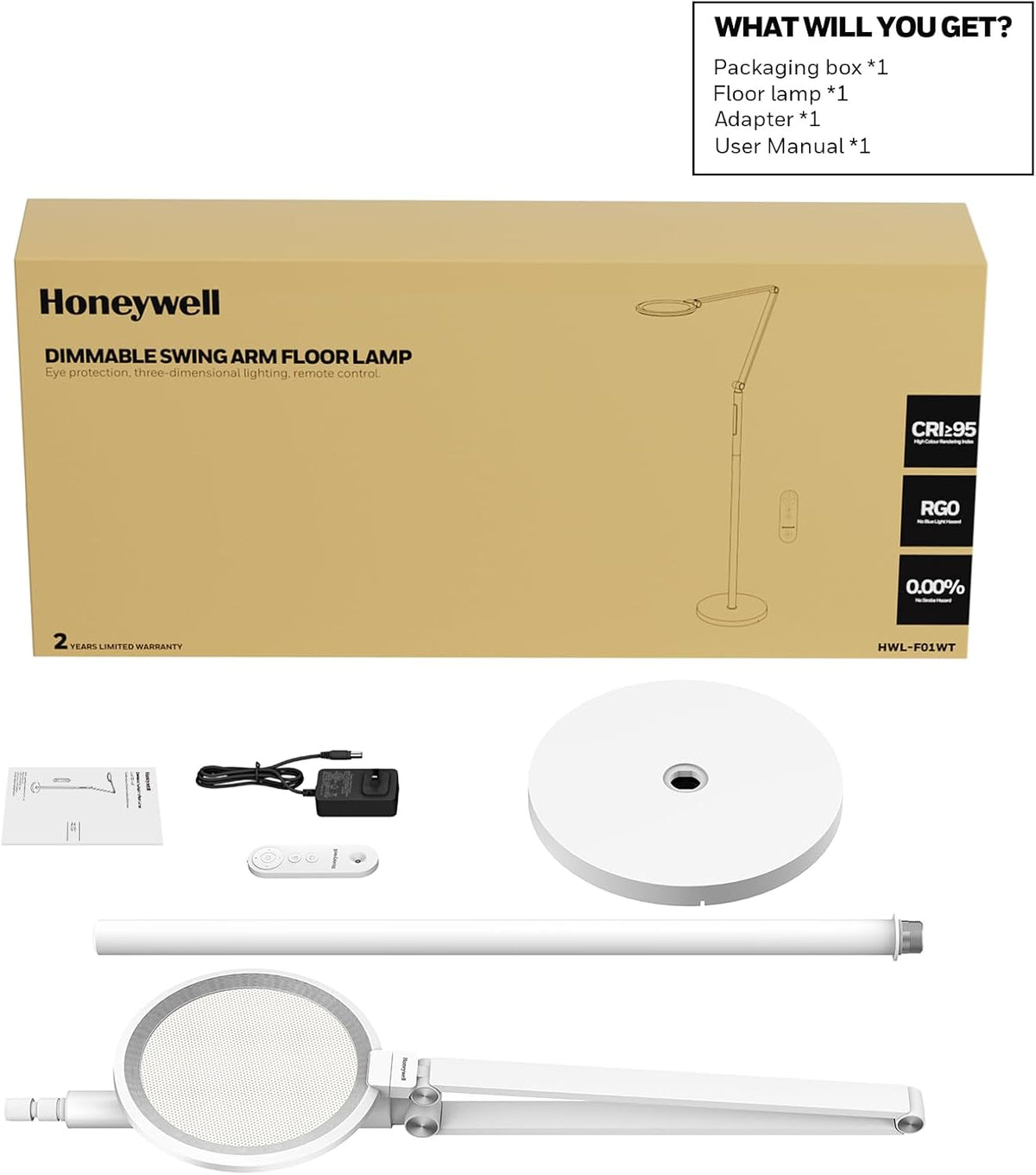 Honeywell F01 LED Floor Lamp, Dimmable Standing Light with Remote, White