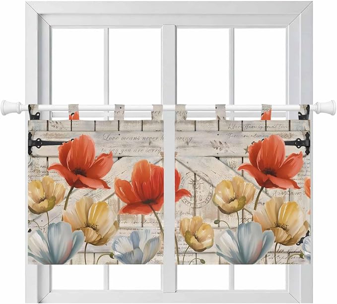 Retro Floral Kitchen Curtains 24 Inch Length, Small Window Curtains Tab Top