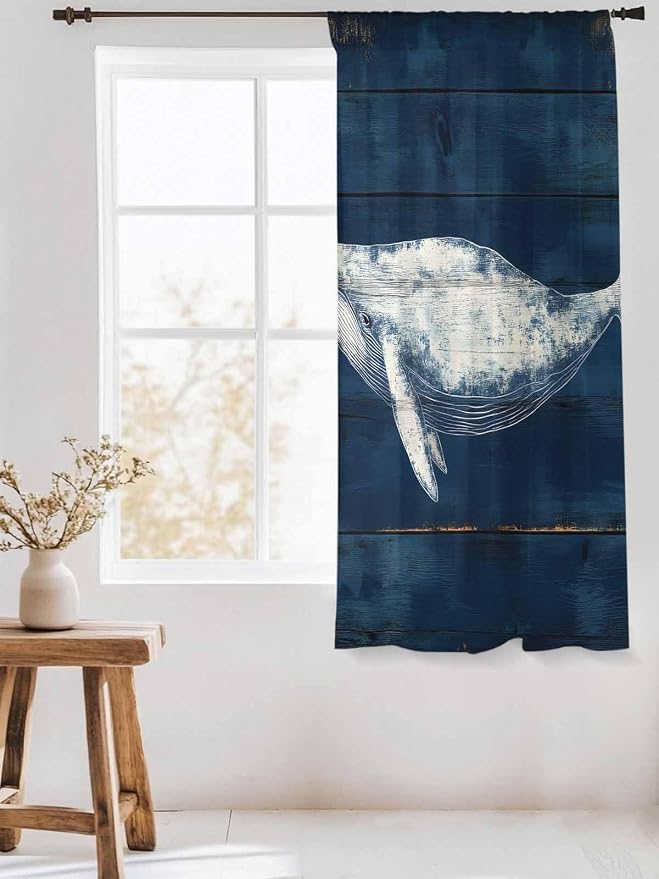Sheer Curtains 72 Inches Long, Summer Whale Semi Sheer Curtains Light Filtering