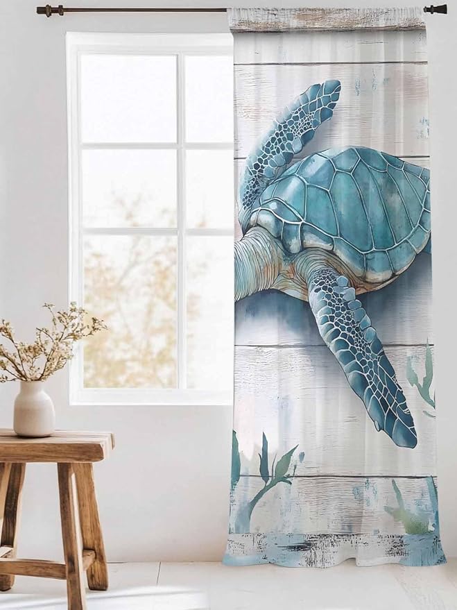 Sheer Curtains 84 Inches Long, Teal Green Sea Turtle Semi Sheer Curtains Light