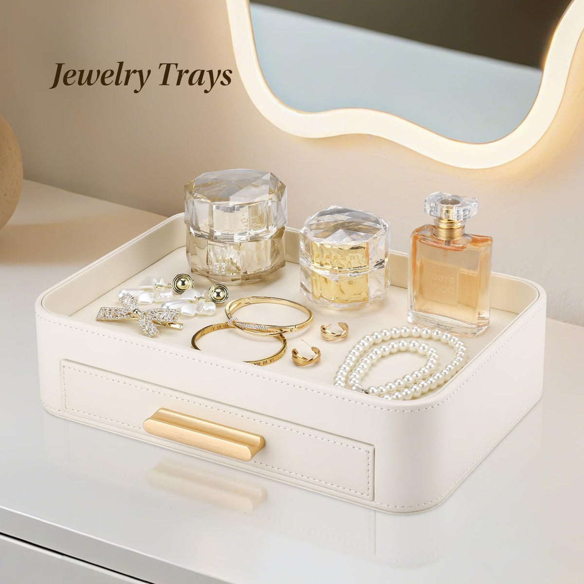 GORESE PU Leather Valet Tray with Drawer, Nightstand Organizer Catch All Tray for Jewelry Perfume Purse Trinket Key Holder, EDC Trays for Desk Vanity Entryway Table, Gift for Women Men, Cream White