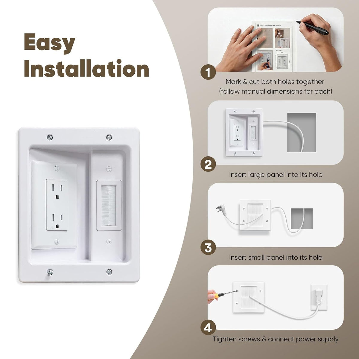 in Wall TV Cable Management Kit with Brush Wall Plate TV Cable Hider Wall Kit-9.8FT Cord, UL Listed, Recessed Dual AC Outlets Box for Wall-Mounted TV and Home Theater