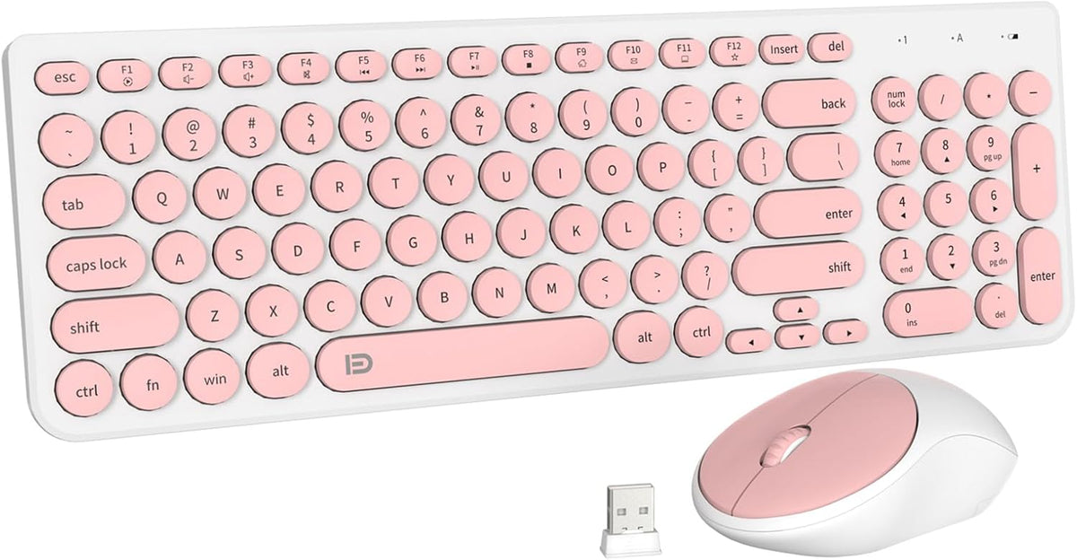 FD iK6630 Wireless Keyboard and Mouse Combo - 2.4GHz USB Cordless, Cute Round Keys, Quiet and Slim Set for Laptop, Computer, TV, and Mac - Salmon Pink & White