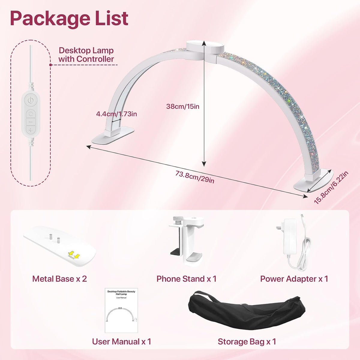 Half Moon Light for Nail Desk, 29 Inch, White with Diamonds