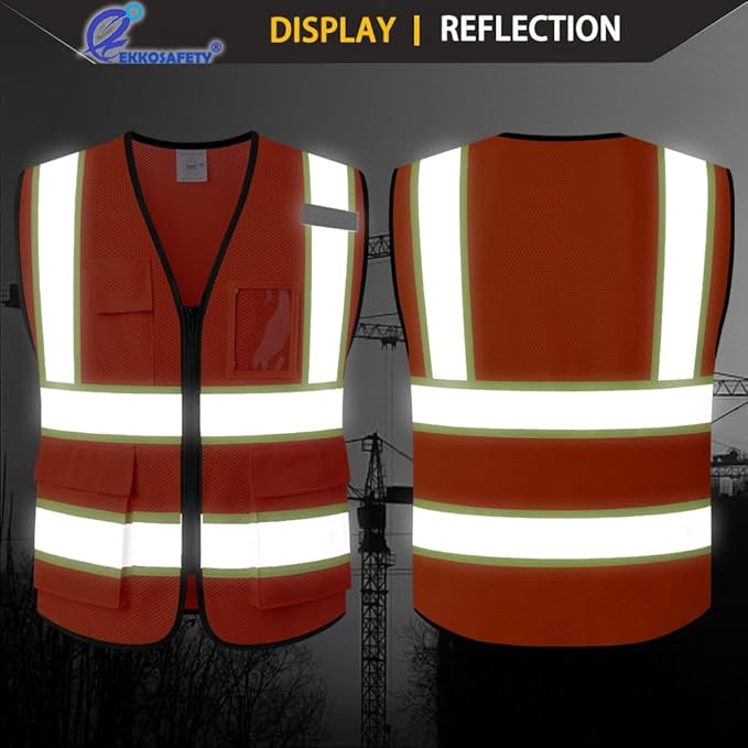 Safety Vest for Men Women Reflective with 5 Pockets and Zipper Front Mesh High Visibility Vest Hi Vis Construction Work Vest,Meets ANSI/ISEA Standards(EK175-Orange-3XL)