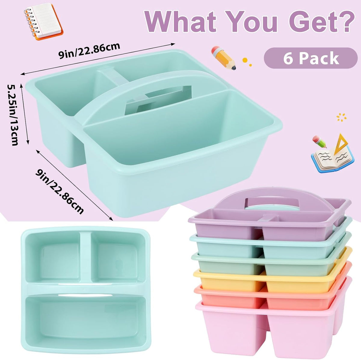 gisgfim 6 Pack Classroom Caddy with Handle Plastic Storage Caddy Organizer with 3 Compartments Desk Caddies Holder Portable Storage Bin for Pencil, Crayon, Marker, Home, Office, School Supply(Pastel)