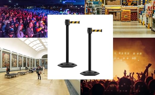 Montour Line MSR760 Set of 2 Retractable Belt Barrier Stanchion, Rubber Base, Black Powder Coated Post (35 ft Green and White Diagonal Belt)