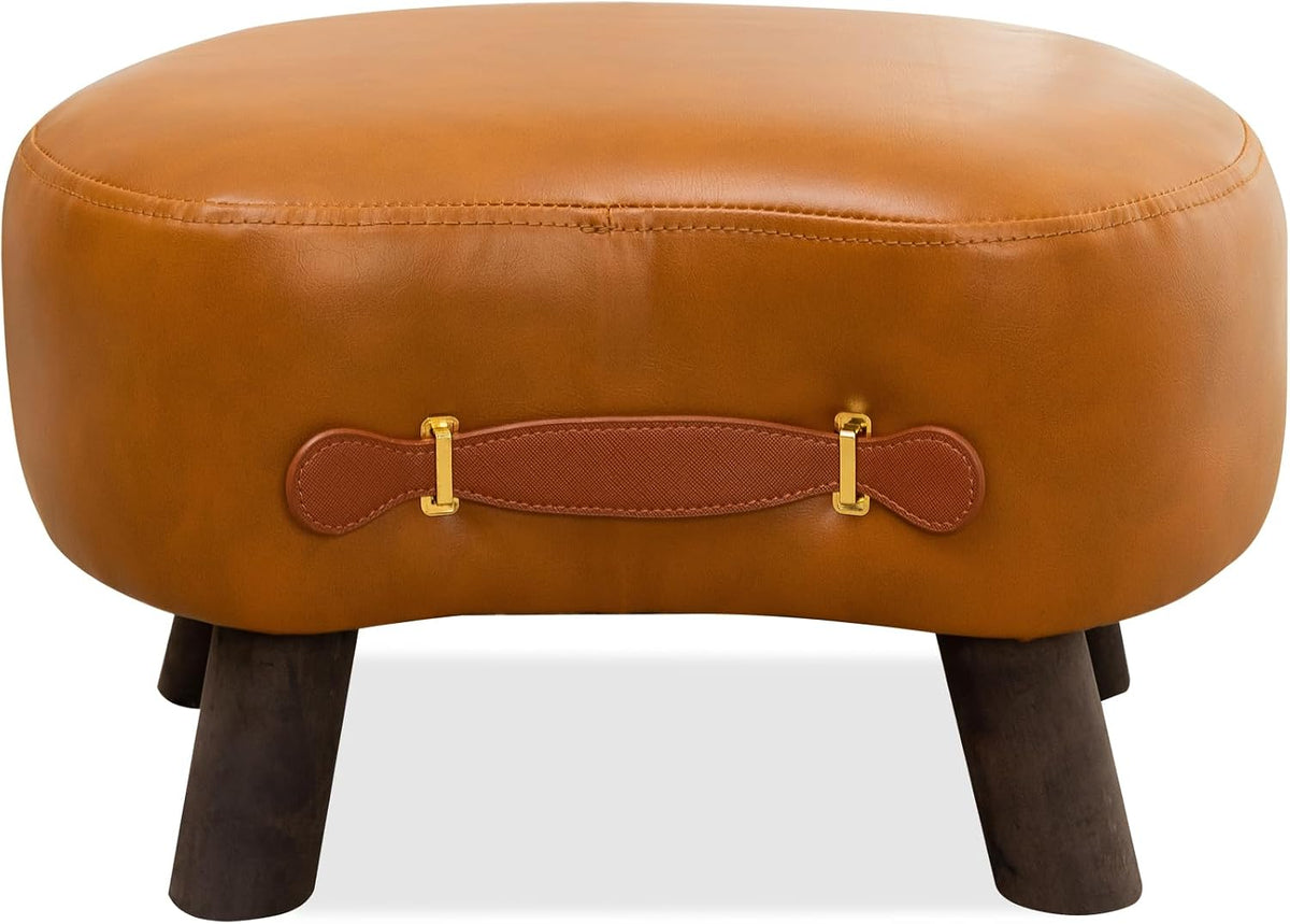 LUE BONA Small Curved Foot Stool with Handle, Whisky Brown Velvet Footstool and Ottomans, Modern Foot Rest with Wooden Legs, Step Stool with Padded Seat for Couch, Living Room