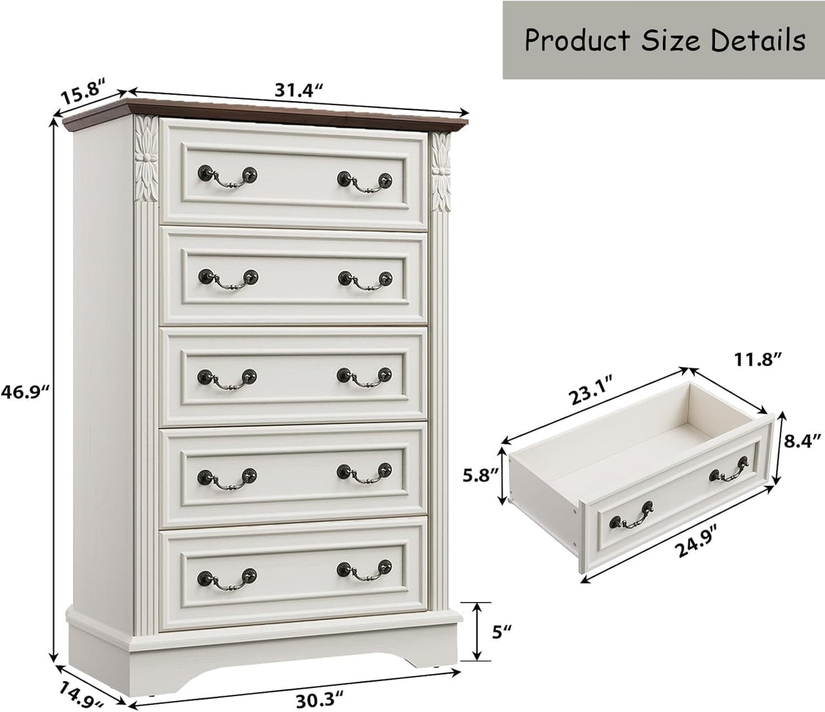 BOSHIRO Farmhouse 5 Drawer Dresser, Dressers for Bedroom
