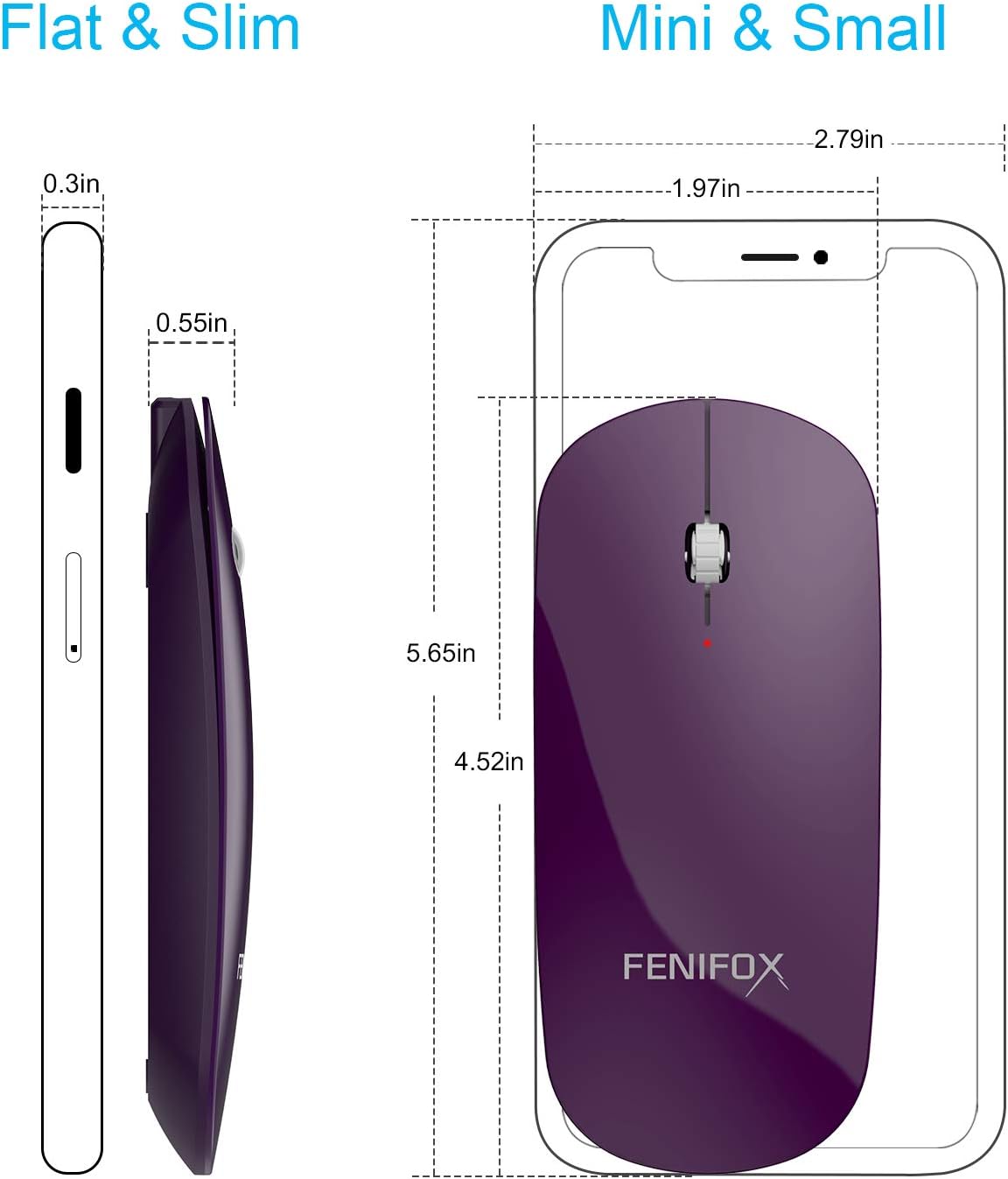 FENIFOX Bluetooth Mouse Slim, Whisper-Quiet Mini Flat Portable Mobile Mice Rechargeable Compatible with Laptop,PC,Android Windows Tablet - Deep Purple