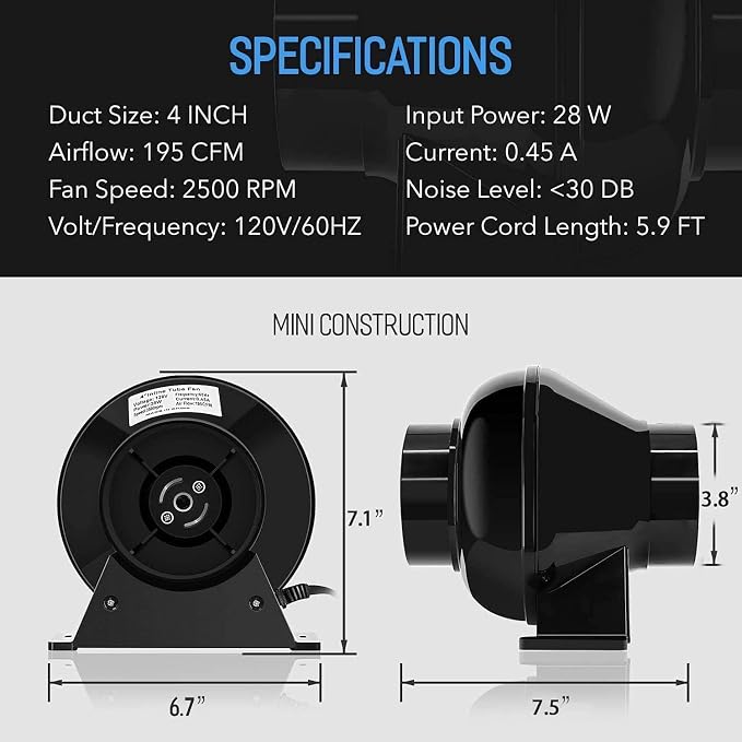 iPower 4 Inch 195 CFM Inline Fan Vent Blower, Upgrade Air Carbon Filter