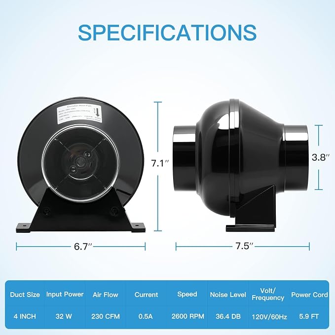 iPower 4 Inch 195 CFM Inline Fan, Air Carbon Filter, 8 Feet PVC Ducting