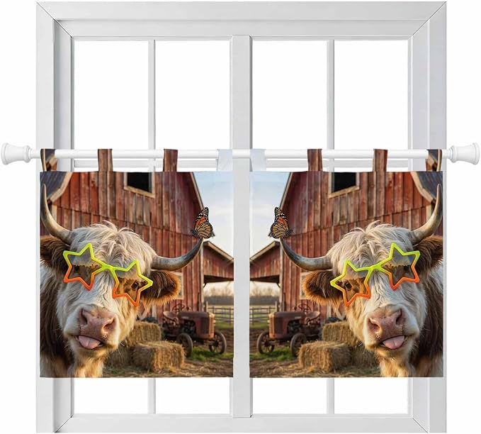 Farm Yaks Kitchen Curtains 24 Inch Length, Small Window Curtains Tab Top