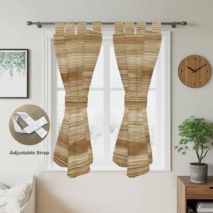 Light Brown Wood Grain Bathroom Curtains 63 Inch Length, Window Curtains Tab Top