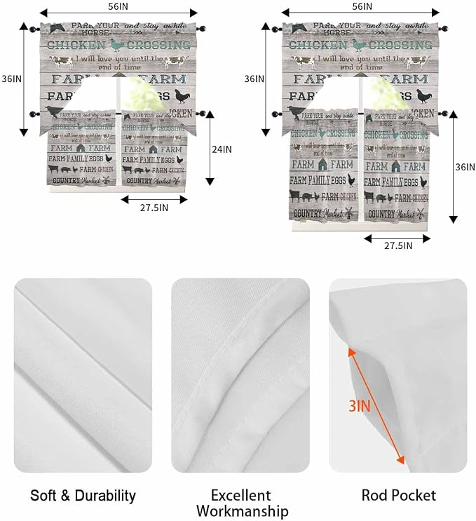 Farmhouse Swag Kitchen Curtains Valance and Tier Set, Rod Pocket Short Curtain