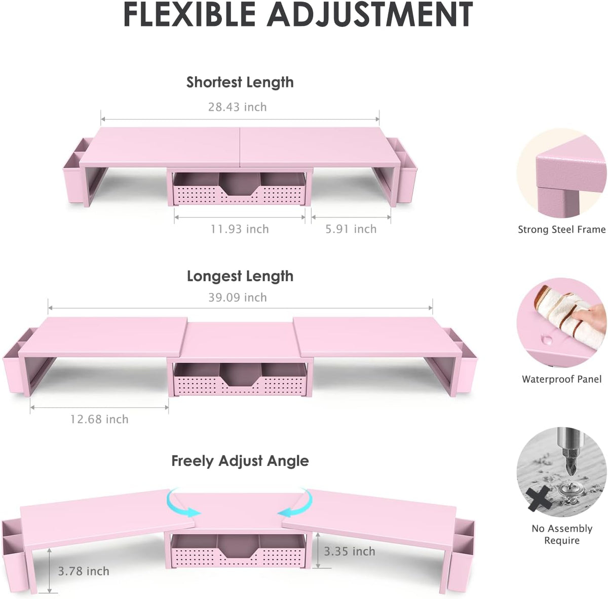 OPNICE Desk Organizers and Accessories, Dual Monitor Stand Riser with Drawer and 2 Pen Holders, Desk Shelf Computer Racks & Printer Stand for Office Workspace Organizers, Desktop Organization (Pink)