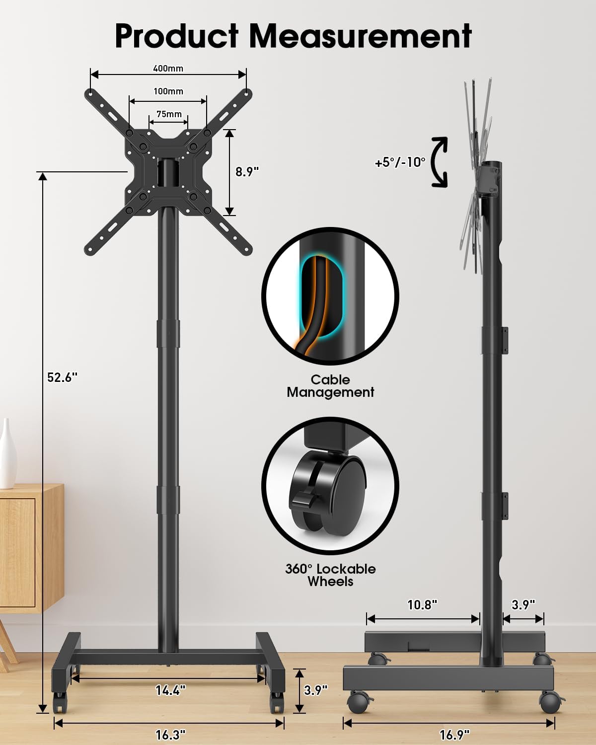 Rolling TV Stand for 13-65 Inch TVs/Screens, Sturdy 50mm Support Pole