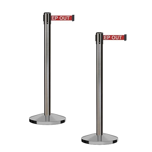 CCW Series RBB-100 - Set of 2 Stanchion Retractable Belt Barriers (11 Foot Belt, Red with"Danger - Keep Out" White Letters Belt with Satin Stainless Steel Post)
