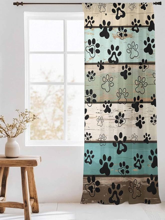 Sheer Curtains 84 Inches Long, Sage Green Brown Paw Prints Semi Sheer Curtains