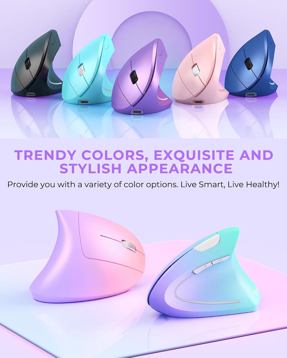 Lekvey Ergonomic Mouse, Rechargeable Wireless Vertical Mouse, Light Purple