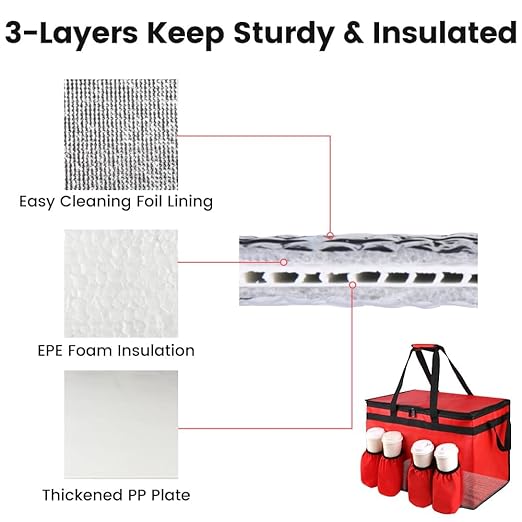 Insulated Food Delivery Bag with 4 Cup Holders, XX-Large Insulated Grocery Bags Keep Food Hot/Cold, Cooler Bags with Drink Carrier, Food Carrier Catering Bag, Commercial Food Warmer Bag, Red