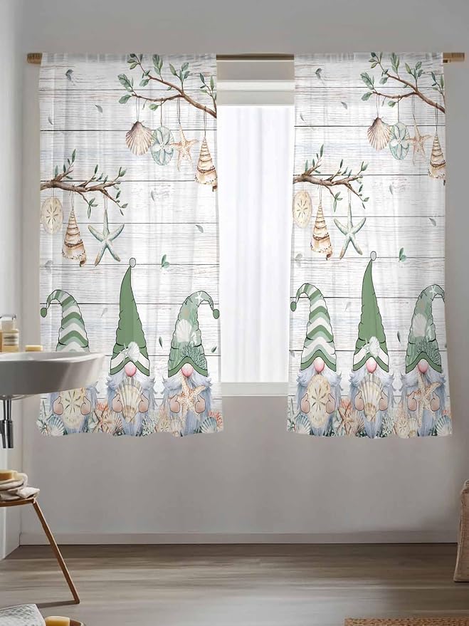 Sheer Curtains 63 Inch Length, Sage Green Gnomes Semi Sheer Curtains Light