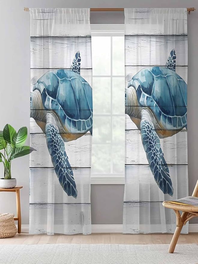 Sheer Curtains 84 Inches Long, Sea Turtle Blue Semi Sheer Curtains Light